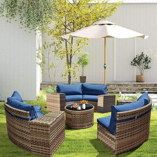 ECOTOUGE Outdoor Patio Furniture, 11-Piece Half-Moon Sectional Patio Furniture Set Curved Sofa with Tempered Glass Round Coffee Table, Fit for Pool Backyard Balcony Porch Lawn(Blue)