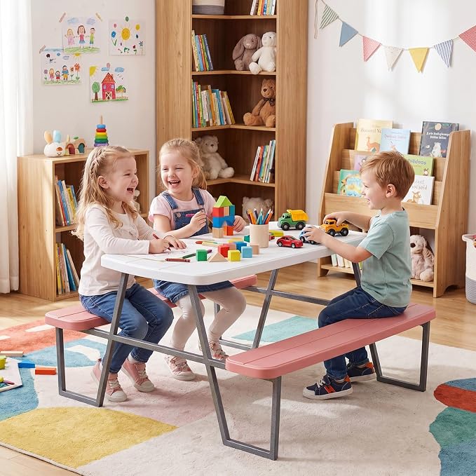 KOTEK Kids Picnic Table with Umbrella, Toddler Outdoor Table and Bench Set, Easy to Clean, HDPE Top & Metal Frame, 660LBS Capacity, Kids Patio Furniture for Backyard Park Garden
