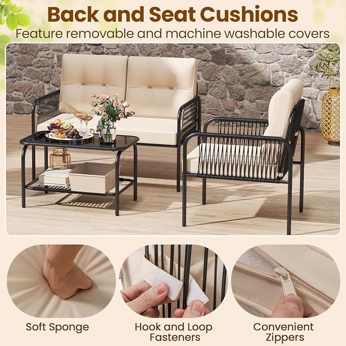 Tangkula 8 Pieces Patio Furniture Set, PE Rattan Sofa Chairs with Loveseat, Tempered Glass Coffee Table and Soft Cushions, Outdoor Conversation Set for Porch, Backyard, Garden and Poolside