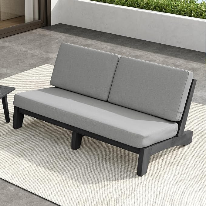 Outdoor Furniture Patio Couch, Weather Resistant 3-Seater Patio Sofa with Removable Cushion, Black Solid Wood Frame for Porch & Backyard Seating - Grey
