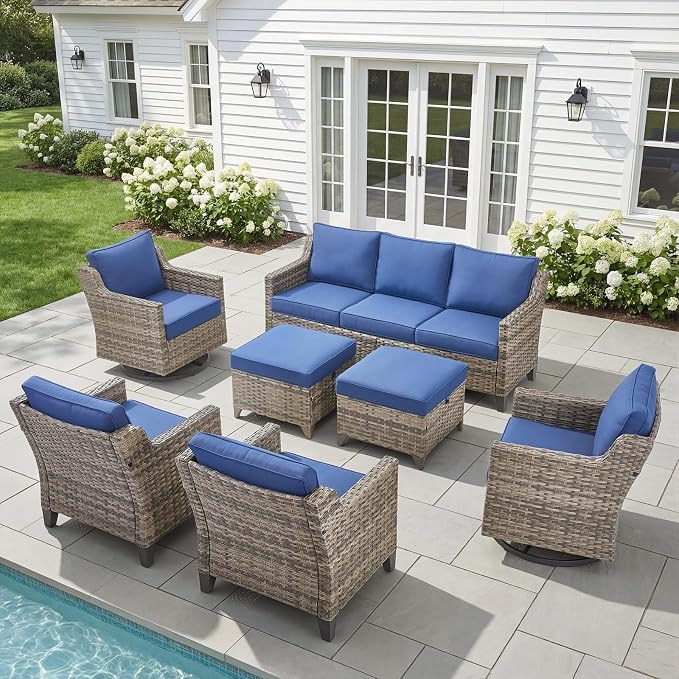 Belord Patio Wicker Swivel Rocker Patio Chairs with 3-Seater Sofa, Outdoor Rattan Chairs for Deck Porch Poolside, 7 Piece Patio Conversation Furniture Set,Blue