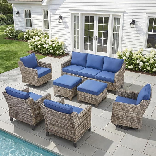Belord Patio Wicker Swivel Rocker Patio Chairs with 3-Seater Sofa, Outdoor Rattan Chairs for Deck Porch Poolside, 7 Piece Patio Conversation Furniture Set,Blue