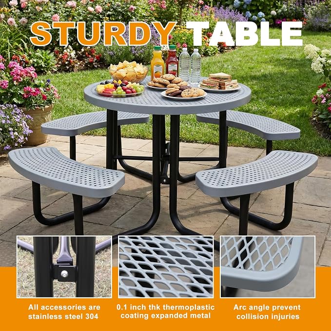 46In Round Outdoor Picnic Table – Heavy-Duty Commercial Steel Table with Thermoplastic Coating, Weatherproof & Rust-Resistant, Perfect for Parks, Patios, Schools & Campgrounds (Gray)
