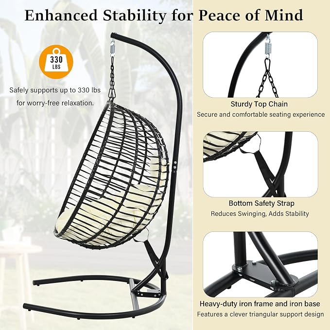 Folding Egg Chair, Outdoor Hanging Hammock Chair with Stand, Patio Wicker Hanging Chair with Iron Frame and Plush Cushion & Removable Headrest for Bedroom, Balcony, Garden (C-BlackBeige)