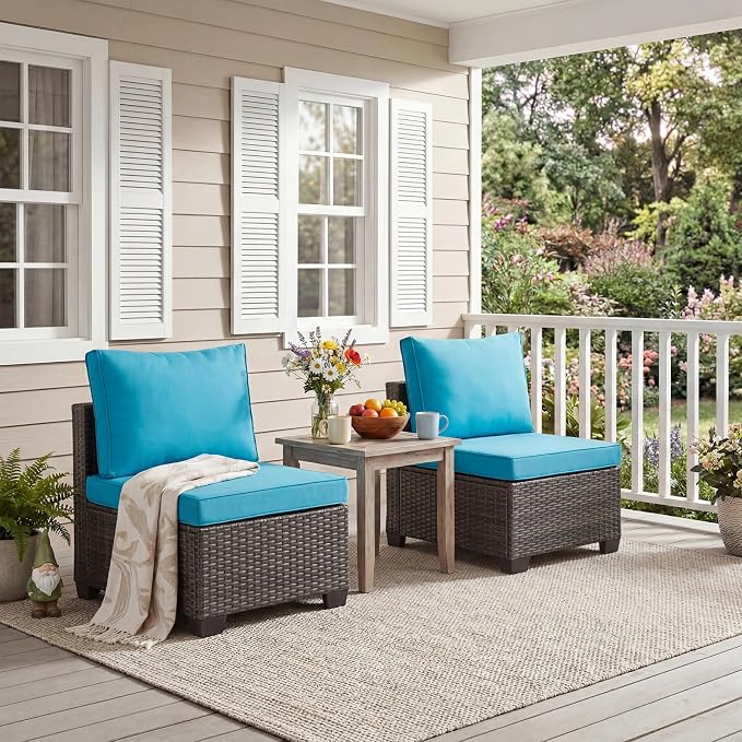 ANJ Outdoor Wicker Patio Chairs Set of 2, Modular Armless Patio Seating with Thick Cushions, All-Weather Rattan Conversation Chair Set for Porch, Balcony, Garden, Backyard, Dark Brown Wicker-Turquoise