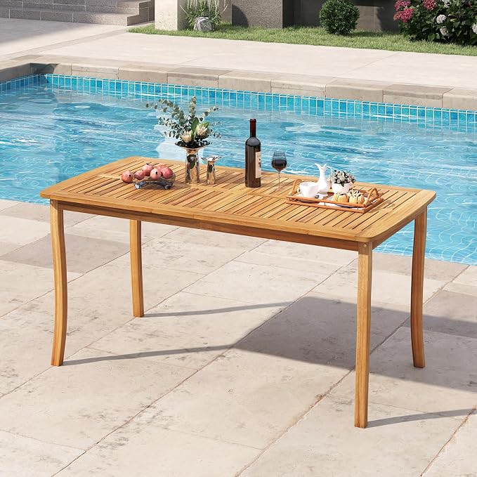 RELAX4LIFE 63’’ Wooden Outdoor Dining Table - Acacia Wood Rectangular Patio Table for 4-6 People w/Umbrella Hole & Slatted Tabletop, Farmhouse Furniture for Pool Backyard Garden Porch (Curved Leg)