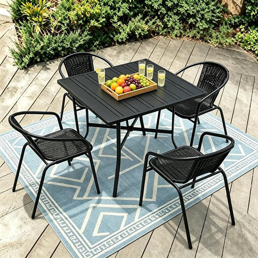 5 Piece Patio Dining Set with Black Outdoor Metal Table & 4 Hand-Woven PE Rattan Stackable Chairs for Backyard Garden Poolside, Black Chairs