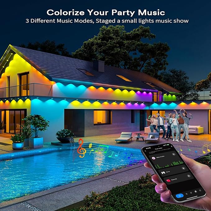 Permanent Outdoor Lights, 100FT RGB+IC Smart Eaves Lighting with 50 LEDs, 16 Million Colors, IP68 Waterproof, for Year-Round and Holiday Use