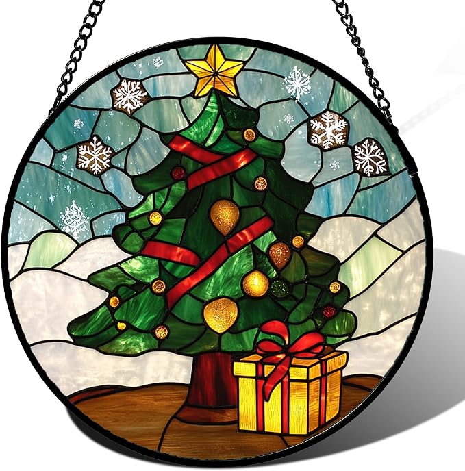 DASTOLL Stained Glass Window Hanging Green Christmas Tree Snowflake 9.8" - Suncatcher Door Garden Sun Catcher Xmas Holiday Decor Birthday for Mom Men Woman Friend Nana