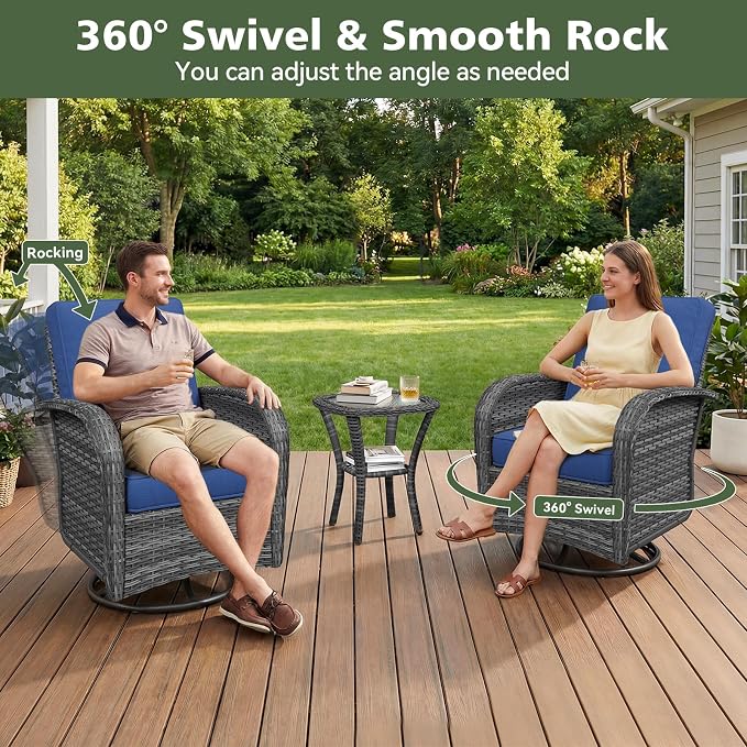 Aoxun 3 Piece Outdoor Patio Furniture Set with Side Table, Outdoor Patio Furniture Sets with High Back Swivel Rocker Chairs, Outdoor Sofa Set with Ottoman for Backyard & Garden, Navy Blue
