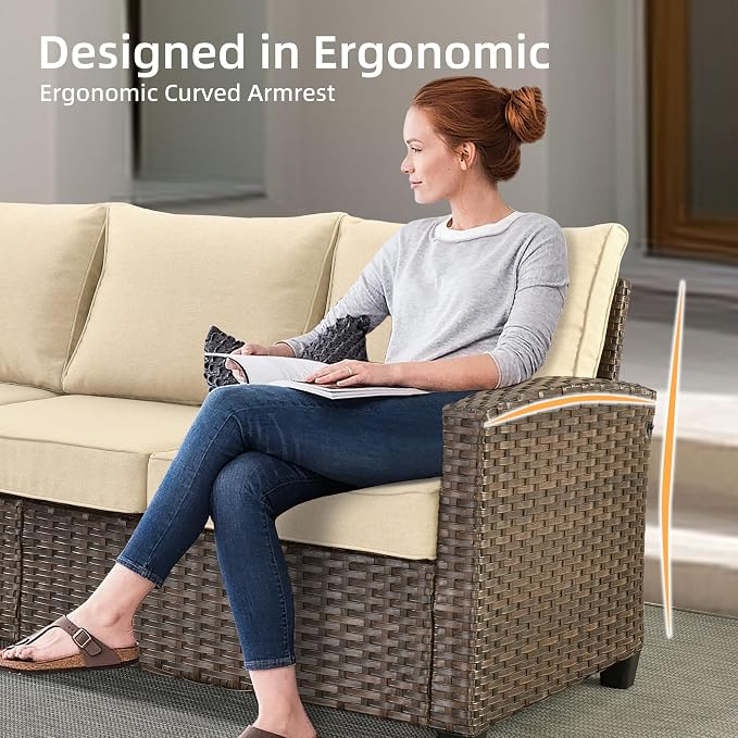 CAODOC Patio Furniture Sets, Outdoor Wicker Furniture with Ottomans, 5 Pieces Outdoor Sofa Couch Conversation Set with Cushioned Rattan Chairs for Garden Poolside Backyard, Beige