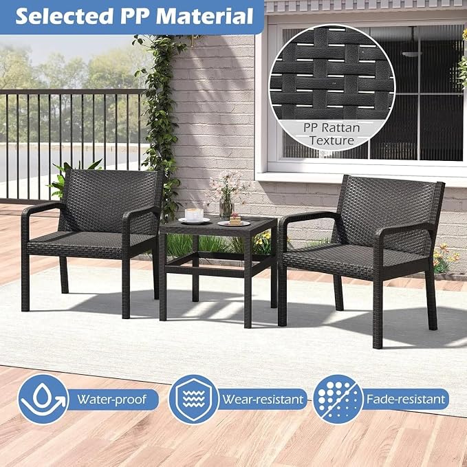 3 Piece Patio Furniture Set Outdoor Wikcer Conversation Set with 2 Rattan Armchair 25" Square Side Table for Courtyard Garden