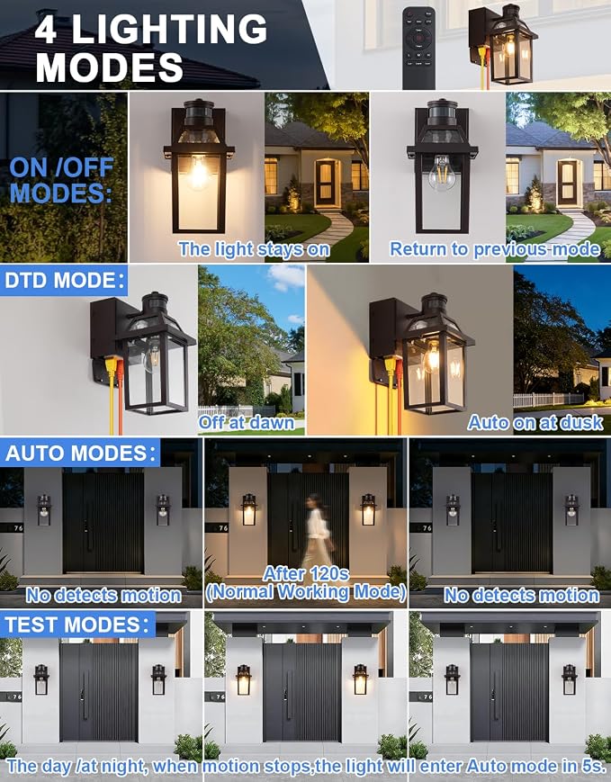 Porch Light with GFCI Outlet and Remote, Motion Sensor, Brown, 2 Pack | Dusk to Dawn Motion Sensor Outdoor Light 4 Lighting Modes Exterior Fixture Outside Lights for Porch Garage House
