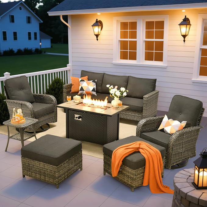 ovios 7 Pieces Patio Furniture Set, Outdoor Wicker Sofa Couch with Swivel Glider Chairs Fire Pit Table, Modern Deep Seat Rattan Conversation Sets for Deck Porch, Black