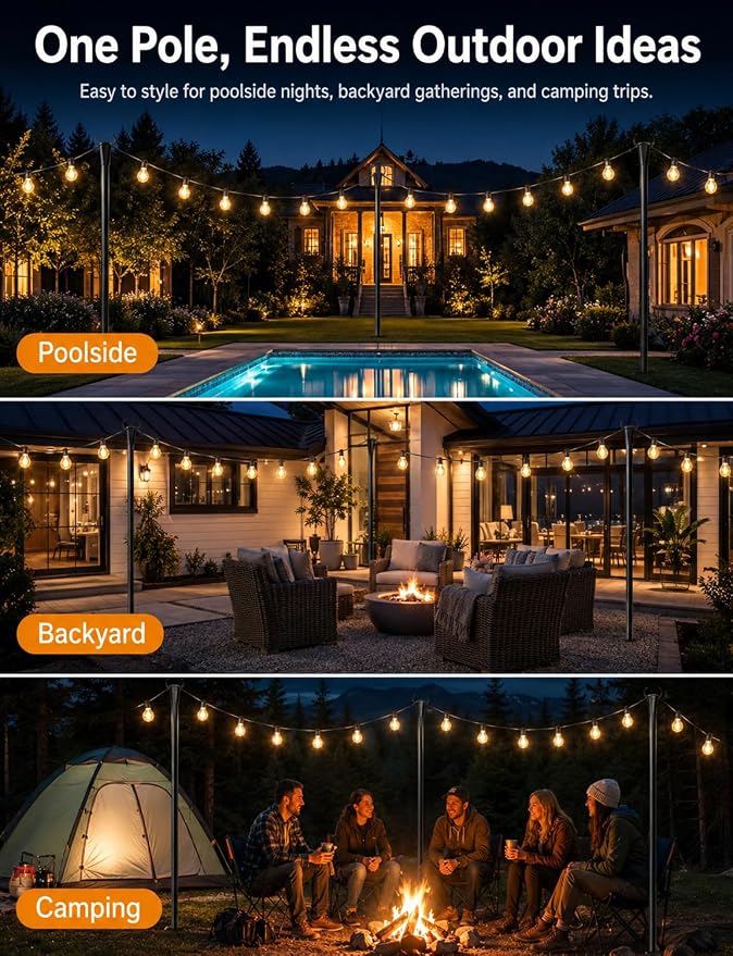 10 Pack String Light Poles for Outside with Ground Stakes and Fence Clips | Adjustable 7-section metal patio light poles for string lights and lanterns; for garden, patio, backyard and outdoor decor.