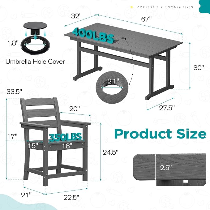 nalone 7-Piece Patio Dining Table Set, HDPE Outdoor Dining Sets with Table and 6 Chairs, Dining Furniture Set with Umbrella Hole (Grey, 7 Pcs)