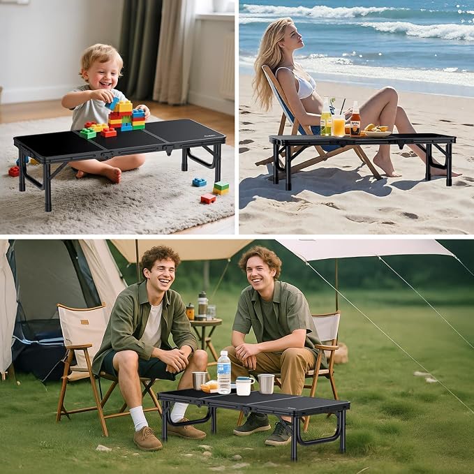 Anbte 34.2" x 15.7" Small Low Folding Picnic Table, 10.3" Height Thicker Aluminum Small Camping Table with Storage Bag, Portable Handle, Lightweight, for Camping Beach Party Picnic Floor, Black