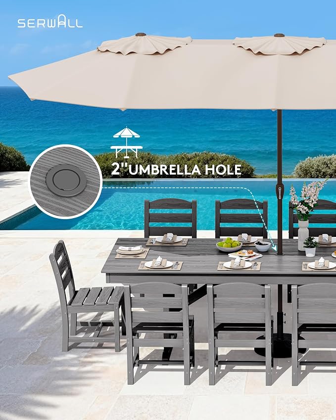 SERWALL Outdoor Dining Table, 84" Rectangular Dining Table for 6-8 Person, All Weather HDPE Outdoor Furniture for Backyard, Garden, Gray