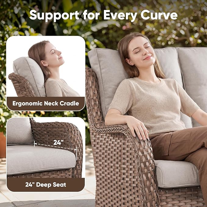 Belord 5 Piece Wicker Patio Furniture Set, Outdoor Swivel Rocker Chairs Set of 2 with Ottomans and 3 Seater Sofa, All Weather Patio Conversation Furniture Set, for Porch Pool, Yellow Wicker/Beige