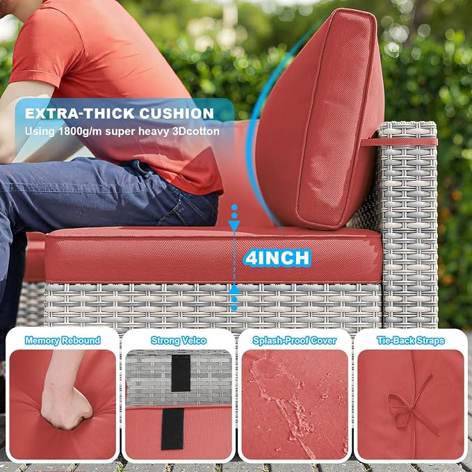 8-Piece Patio Furniture Set, Outdoor Patio Furniture with 55,000 BTU Fire Pit Table, Thick Cushions, Modular Patio Sofa, Dual-Strand Wicker Rattan, Rust-Resistant Frame, Red