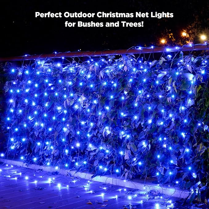 Led Net Lights Christmas Lights Outdoor 200Leds 9ft x 6ft Upgraded Blue Christmas Net Lighting, Waterproof 5mm LED Wide Angle Outdoor Indoor Mesh Net Light for Trees, Bushes, Shrubs Decorations