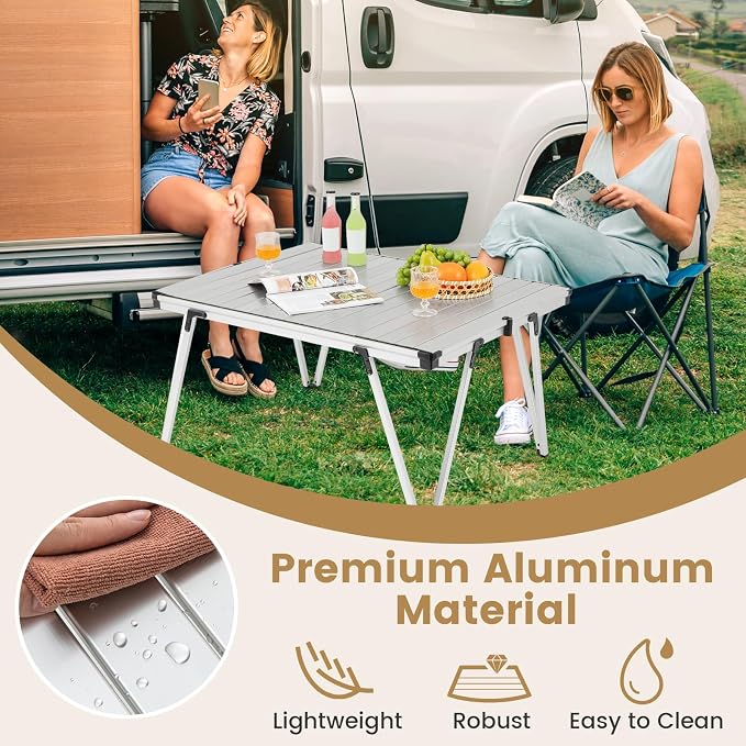 COSTWAY Folding Low Picnic Table, Portable Camping Table with Storage Bag, Lightweight Aluminum Foldable Roll-Up Table 3FT, Outdoor Camp Table for Party, Tailgating, Beach & Backyard (Silver)