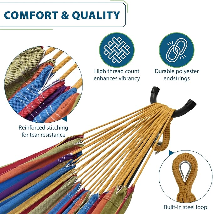 Vivere Double Cotton Hammock with Space Saving Steel Stand, Upgraded Polyester End Strings 450 lb Capacity - Premium Carry Bag Included - USA Grown Cotton (Tropical)