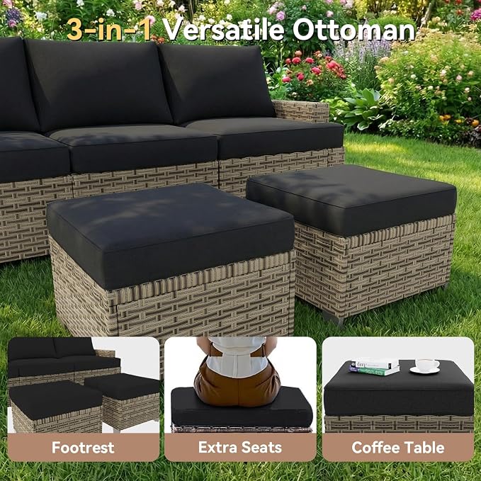 LET'S PATIO Luxury Patio Furniture Set，8 Piece Outdoor Furniture Sectional Set with Swivel Rocker Chairs of 2，All-Weather Patio Sectional Sofas with Thickened Cushions, Black