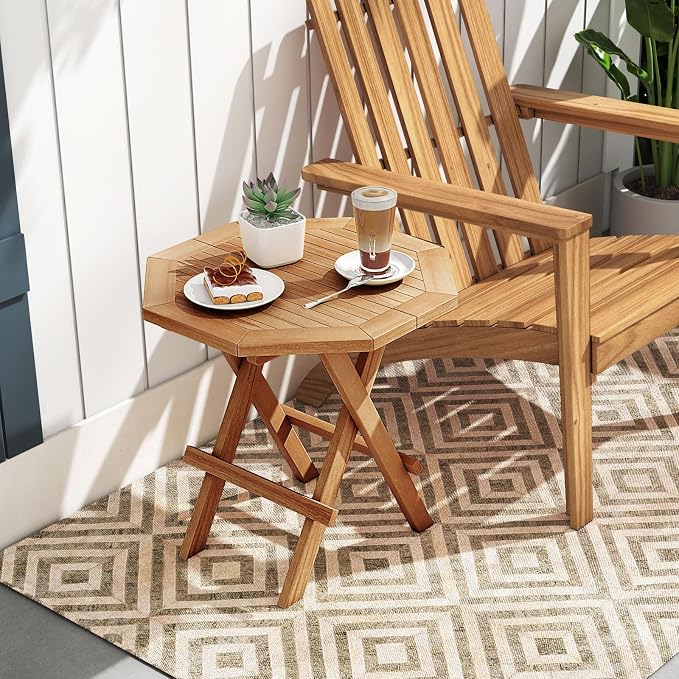 RELAX4LIFE Folding Outdoor Side Table - Teak Wood End Table, Octagonal Coffee Bistro Table w/Slatted Tabletop, Portable Picnic Camp Table for Poolside Porch Garden, Foldable Small Patio Table