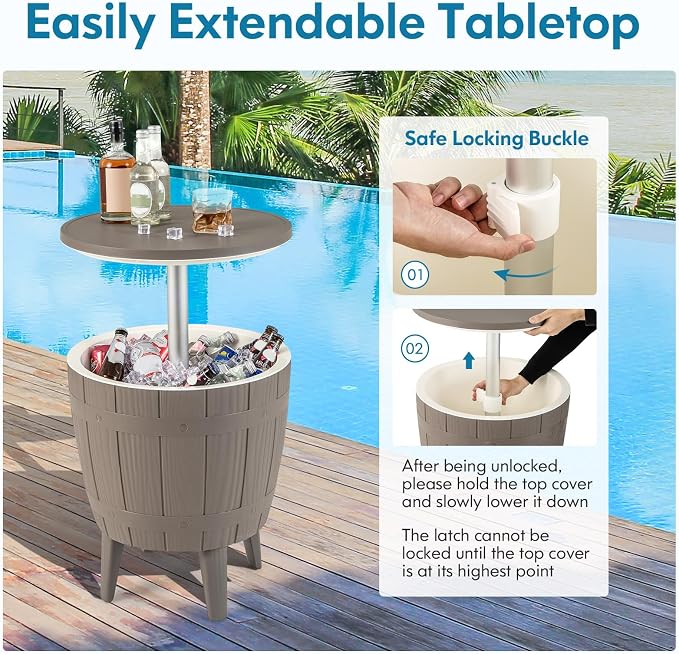 LDAILY Outdoor Cooler Table, 3-in-1 10 Gallon Ice Bucket with Height-Adjustable Tabletop, Cocktail Side Table with 110LB Capacity & Drain Plug for Poolside, Backyard, Patio Parties (Brown)