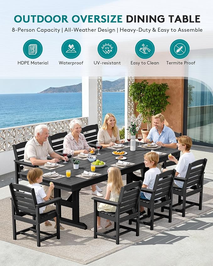 SERWALL 10 Piece Outdoor Dining Set with 15ft Triple-Head Foldable Umbrella(Based not Included), 84" HDPE Outdoor Table and Chairs for 8, Black