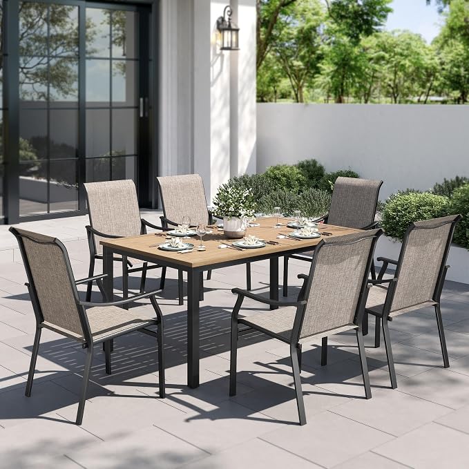 PHI VILLA Outdoor Dining Set for 6, All Weather Metal Patio Table and Textilene Chairs Set, 7 Piece Patio Furniture Set for Deck Garden Backyard
