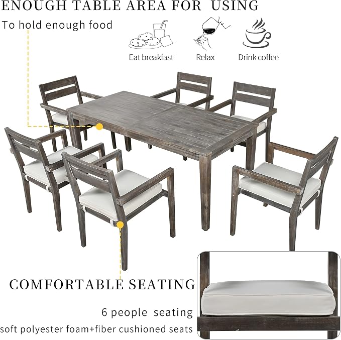 RUNNA 7-Piece Outdoor Dining Table Set with Acacia Tabletop and 6 Chairs Indoor and Outdoor Furniture Sets,for Patio, Balcony Or Backyard. (Grey@015)