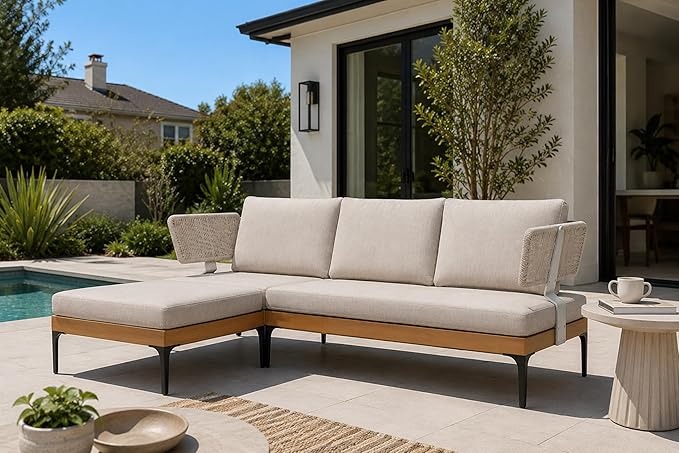PURPLE LEAF Patio Furniture Set Outdoor Sectional Sofa with Cushions and Pillows Wicker L-Shaped 4 Pieces Aluminum Conversation Sets with Ottoman for Balcony Yard Garden Poolside, Oatmeal Greige