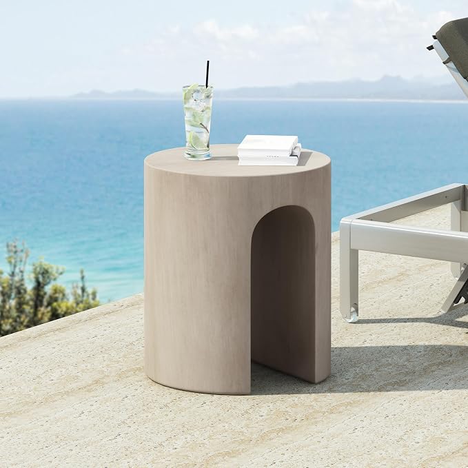 Outdoor Side Table 16" U-Shape Shape Concrete Side Table, Patio Tables for Outside Decorative Garden Stools, No Assembly Accent Table for Patio Porch Living Room, Grey