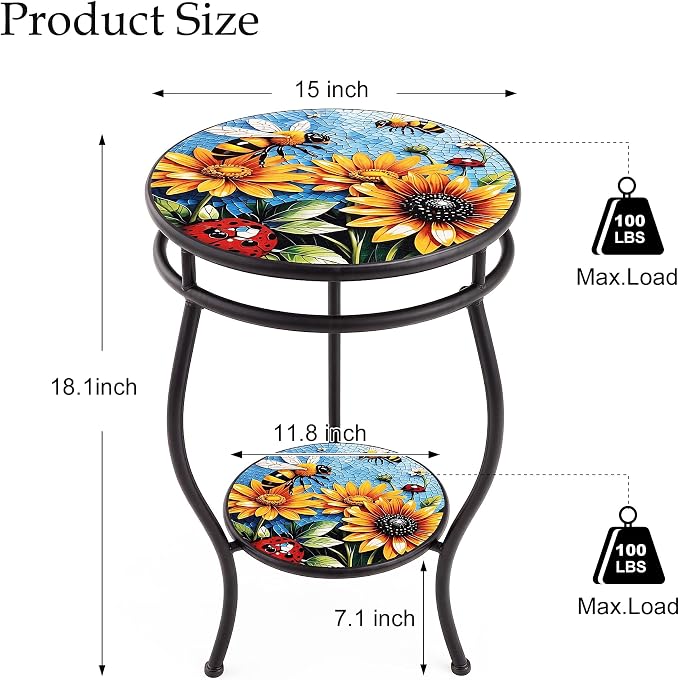 Outdoor Side Table Round with Storage 2-Tier Patio Small Outdoor Table Weather Resistant for Outside Balcony Porch Garden