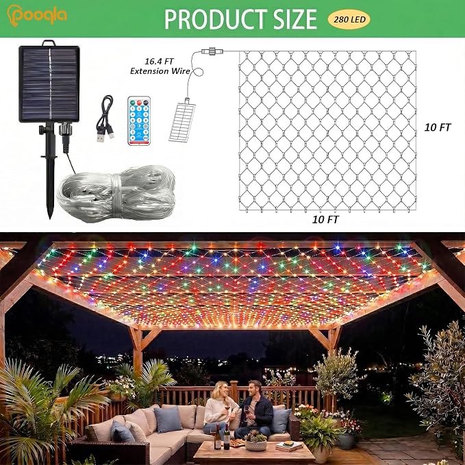 Pooqla Solar Net Lights, 10x10ft 280LED Gazebo Net Lights Outdoor with 8 Modes, Solar & USB Powered Waterproof String Lights Clear Wire, Chandelier for Pergolas, Patio, Bush, Backyard Decor Colorful