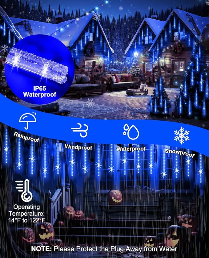 Blue Christmas Rain Lights Outdoor, 20" 20 Tubes 1080 LEDs | UL Listed Meteor Shower Lights Waterproof Cascading Falling Icicle String Lights for Xmas Tree Yard Halloween Wedding Party