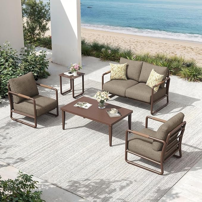 4-Piece Aluminum Patio Conversation Set, Modern Outdoor Sofa with Coffee Table, 6.5" Thick Cushions & All-Weather Rust-Resistant Frame, for Backyard, Poolside, Porch (White)