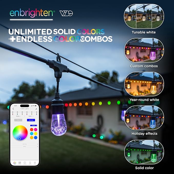 Enbrighten Vintage Outdoor String Lights, 24ft, 12 Bulbs, Smart | RGBWIC LEDs, Weatherproof, Shatterproof Acrylic Bulbs, Linkable up to 750ft, App Control, Works with Alexa & Google Home