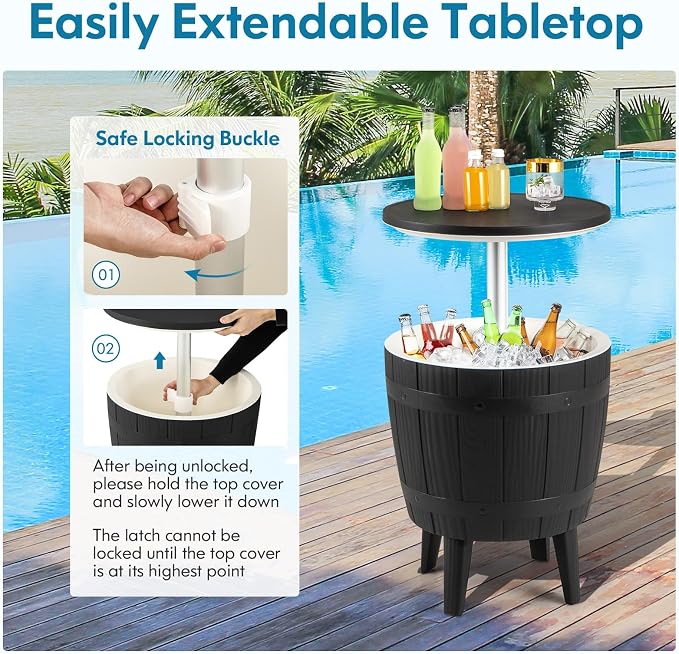 COSTWAY Outdoor Cooler Bar Table, 10 Gallon Cooler with Height Adjustable Tabletop, 3-in-1 Ice Bucket for Beer & Wine, All-Weather Cocktail Table for Backyard, Party, Poolside (Black)