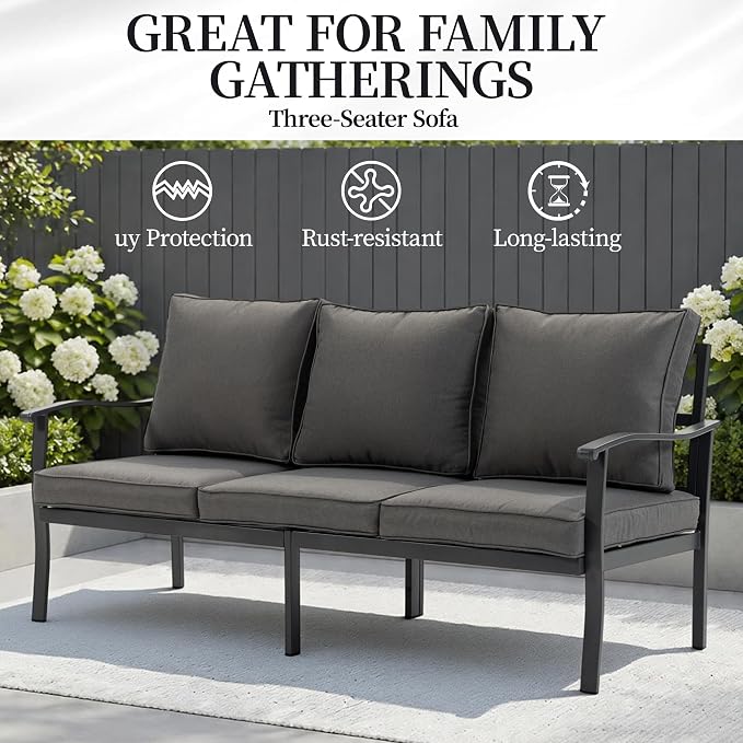Patio Furniture Set, 8 Pieces Outdoor Metal Conversation Set Sofas with 1 Three-Seater Sofa,1 Loveseat Sofa,2 Swivel Chairs,2 Footstools,1 Side Table,with Cushion
