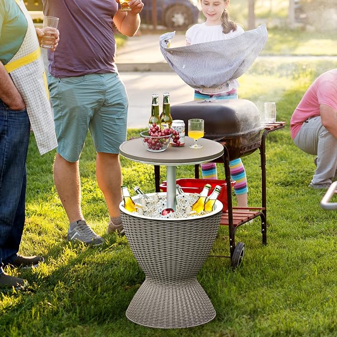 COSTWAY Outdoor Cool Bar Table, 8 Gallon Beer and Wine Cooler, Height Adjustable Rattan Style Cocktail Patio Bar Tables, 3-in-1 Ice Cooler with Drainage Plug for Deck, Pool, Party, Beach (Coffee)