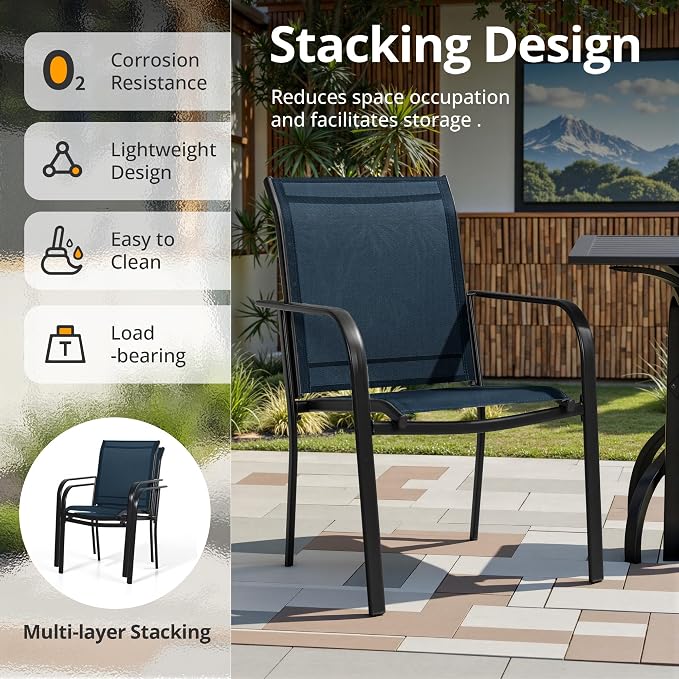 Crownland 7 Piece Patio Dining Set, Outdoor Textilene Dining Sets, 6 Textilene Metal Chairs and Rectangular Outdoor Dining Table with Sky Blue 9FT Round Outdoor Umbrella (Blue)
