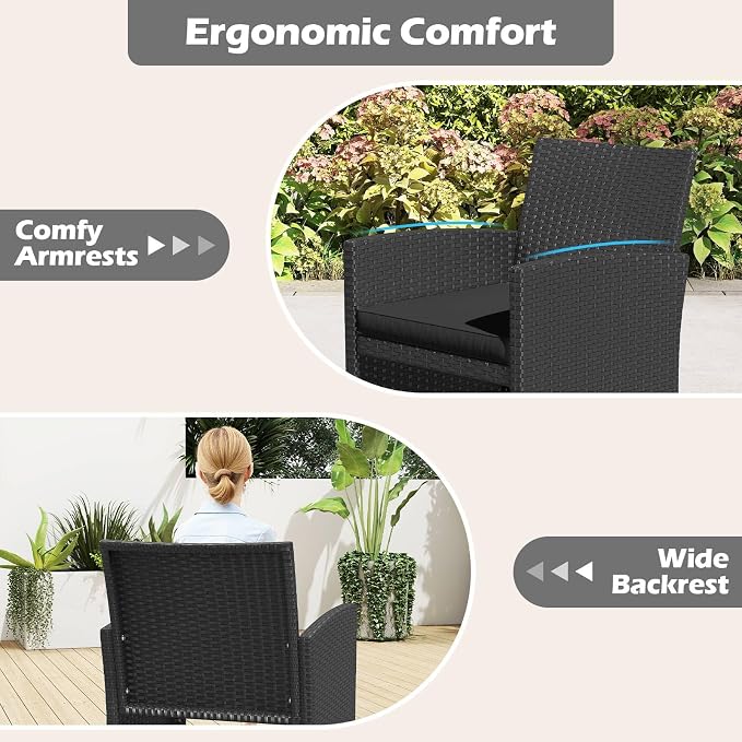 RELAX4LIFE 4-Piece Patio Furniture Set - Wicker Rattan Outdoor Sectional Sofa Set w/Glass Coffee Table, Loveseat, 2 Chairs & Soft Cushions, Bistro Conversation for Garden Porch (1, Black-Black)