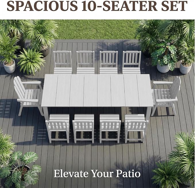 11 Piece HDPE Outdoor Dining Set for 10, Patio Furniture, White | 89.4” table,Heavy-duty 10 seat patio set, mixed chair waterproof HDPE and ALU low maintenance and stable for all-season use