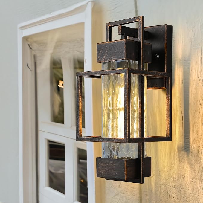 Modern Outdoor Light Fixtures Dusk to Dawn Outdoor Lighting 2 Pack, 15" Exterior Wall Sconce Waterproof Outside Porch Light for House with Water Glass Black Brushed Gold