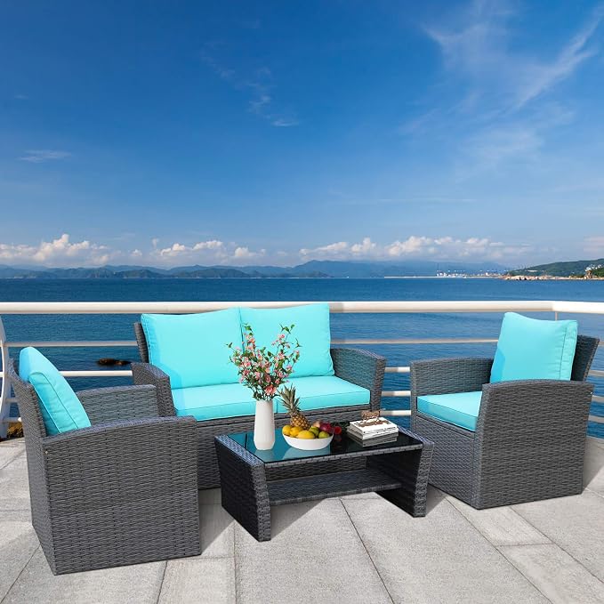 RELAX4LIFE 4 PCS Wicker Patio Furniture Set with Soft Cushions & Tempered Glass Table Outdoor Rattan Sofa Set for Backyard Garden Balcony Poolside Sectional Conversation Couch Set (Turquoise)