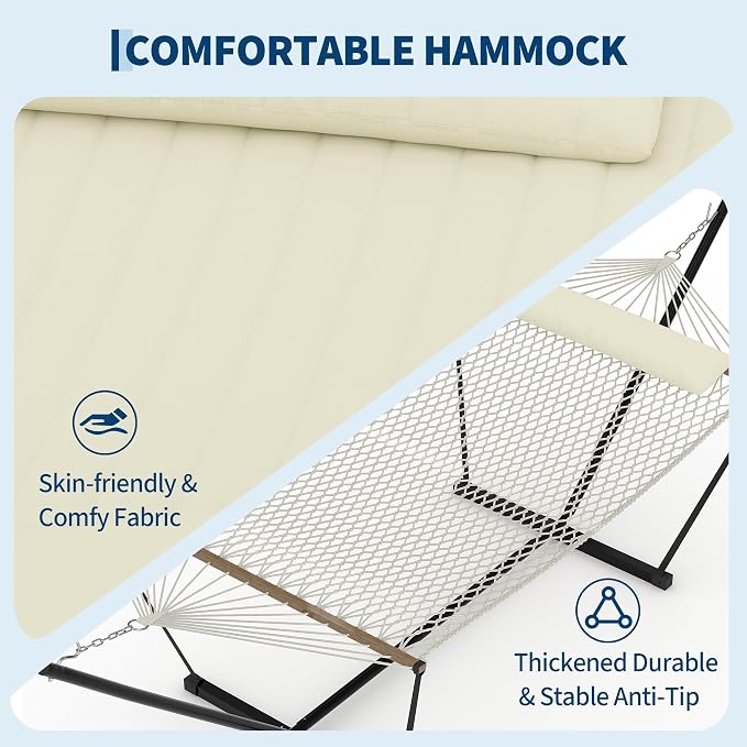 Heavy Duty Double Hammock with Stand & Soft Pillow, 450 LBS Capacity - Padded Portable Hammock for Indoor Outdoor Patio Backyard Garden