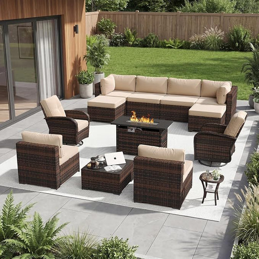 Aoxun 13 Piece Outdoor Patio Furniture Set with 44'' Fire Pit Table, Wicker Rattan Outdoor Furniture with High Back Swivel Rocker Chairs, Outdoor Conversation Set with Thick Cushion & Ottoman, Beige